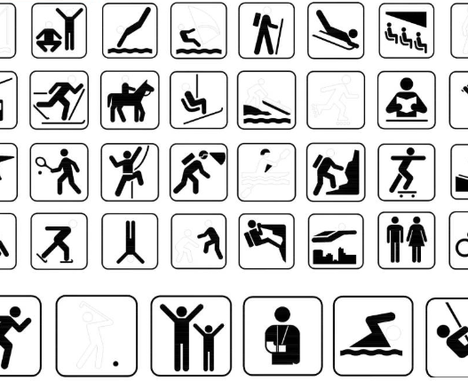 Colección de pictogramas deportivos en bloques AutoCAD DWG con iconos de natación, ciclismo, fútbol, atletismo, esquí y actividades recreativas.
