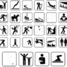 Colección de pictogramas deportivos en bloques AutoCAD DWG con iconos de natación, ciclismo, fútbol, atletismo, esquí y actividades recreativas.