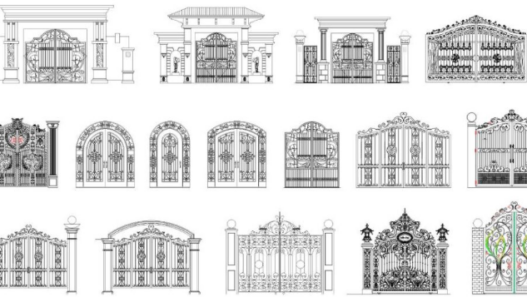 Bloques AutoCAD de portones y rejas ornamentales en alzado para diseño de accesos residenciales, portones metálicos y cercos decorativos en DWG.
