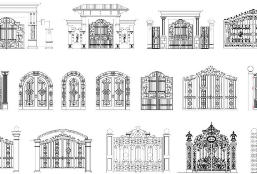Bloques AutoCAD de portones y rejas ornamentales en alzado para diseño de accesos residenciales, portones metálicos y cercos decorativos en DWG.