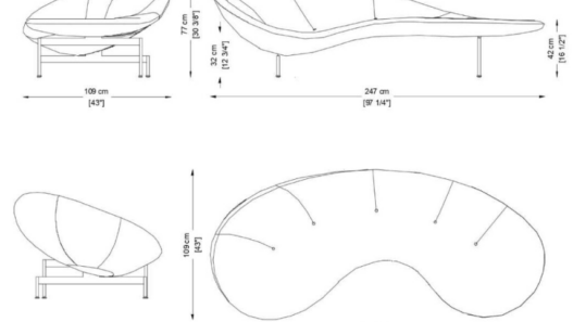 Bloque AutoCAD de sofá curvo moderno con dimensiones en planta y alzado, diseño orgánico tipo chaise longue para interiores contemporáneos.