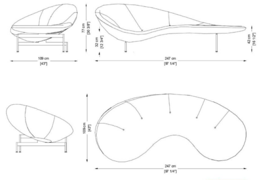Bloque AutoCAD de sofá curvo moderno con dimensiones en planta y alzado, diseño orgánico tipo chaise longue para interiores contemporáneos.