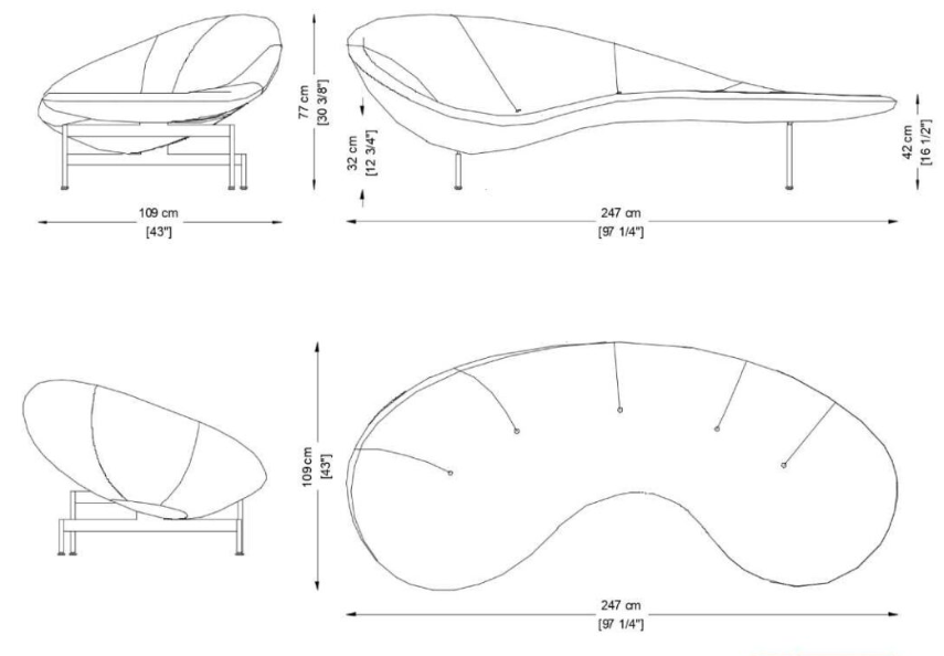 Bloque AutoCAD de sofá curvo moderno con dimensiones en planta y alzado, diseño orgánico tipo chaise longue para interiores contemporáneos.