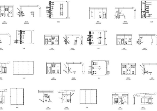 Bloques AutoCAD 2D de simuladores deportivos, estaciones de entrenamiento y equipamiento de gimnasios y áreas recreativas en planta y alzado.