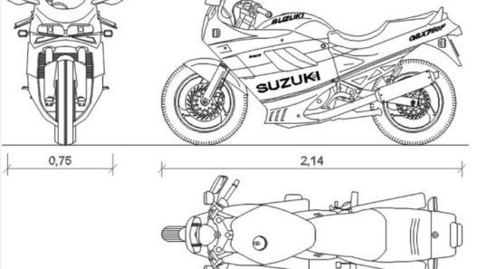 Bloque AutoCAD de motocicleta Suzuki GSX 750F en vistas lateral, frontal y superior con dimensiones para proyectos de transporte y diseño vehicular en formato DWG.