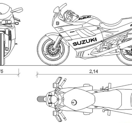 Bloque AutoCAD de motocicleta Suzuki GSX 750F en vistas lateral, frontal y superior con dimensiones para proyectos de transporte y diseño vehicular en formato DWG.