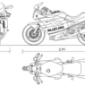 Bloque AutoCAD de motocicleta Suzuki GSX 750F en vistas lateral, frontal y superior con dimensiones para proyectos de transporte y diseño vehicular en formato DWG.