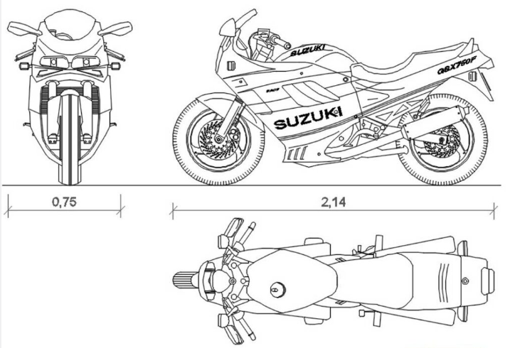 Bloque AutoCAD de motocicleta Suzuki GSX 750F en vistas lateral, frontal y superior con dimensiones para proyectos de transporte y diseño vehicular en formato DWG.
