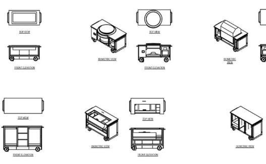 Bloque AutoCAD de unidad de cocina móvil con ruedas, encimera y almacenamiento para proyectos de diseño de cocinas y espacios gastronómicos en formato DWG.