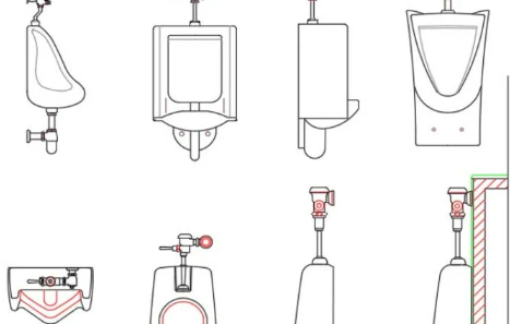 Bloques AutoCAD de urinarios y aparatos sanitarios en planta, alzado y sección para diseño de baños públicos y proyectos sanitarios en DWG.