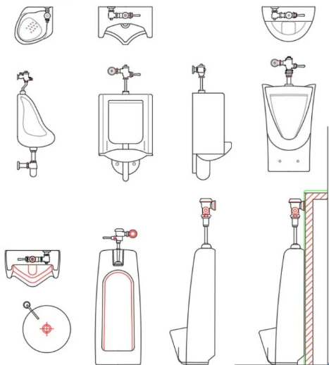 Bloques AutoCAD de urinarios y aparatos sanitarios en planta, alzado y sección para diseño de baños públicos y proyectos sanitarios en DWG.