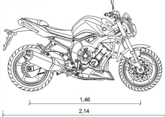 Bloque AutoCAD de motocicleta Yamaha FZ1 1000 en vista lateral con alto nivel de detalle técnico para proyectos de transporte y diseño vehicular en formato DWG.