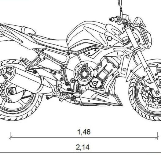 Bloque AutoCAD de motocicleta Yamaha FZ1 1000 en vista lateral con alto nivel de detalle técnico para proyectos de transporte y diseño vehicular en formato DWG.