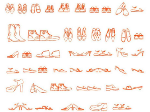 Bloques AutoCAD de zapatos en formato CAD para proyectos de diseño de interiores, arquitectura residencial y representación de objetos personales en planos DWG.