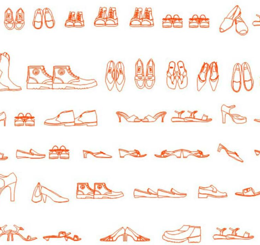 Bloques AutoCAD de zapatos en formato CAD para proyectos de diseño de interiores, arquitectura residencial y representación de objetos personales en planos DWG.