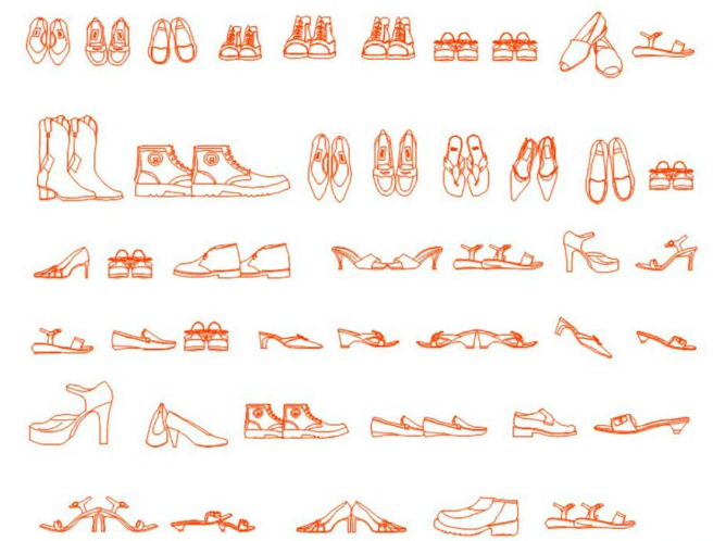 Bloques AutoCAD de zapatos en formato CAD para proyectos de diseño de interiores, arquitectura residencial y representación de objetos personales en planos DWG.