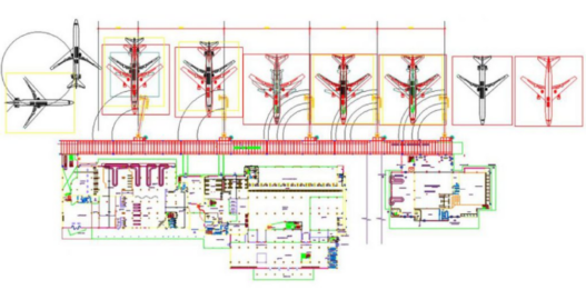 Bloques AutoCAD de aeropuerto con planta general, terminales, pistas y distribución para proyectos de arquitectura e infraestructura.