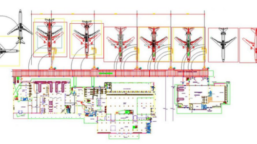 Bloques AutoCAD de aeropuerto con planta general, terminales, pistas y distribución para proyectos de arquitectura e infraestructura.