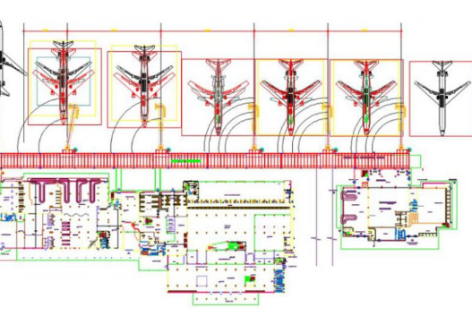 Bloques AutoCAD de aeropuerto con planta general, terminales, pistas y distribución para proyectos de arquitectura e infraestructura.