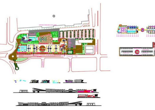 Bloques AutoCAD de aeropuerto internacional con planta general, distribución de terminales, pistas y detalles para proyectos de infraestructura.