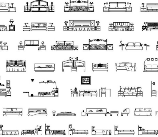 Bloques AutoCAD de alzado frontal de camas con diferentes diseños, cabeceras y detalles para proyectos de arquitectura y diseño interior.