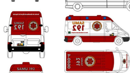 Bloques AutoCAD de ambulancia con vistas en planta, alzado y detalles del vehículo para proyectos de arquitectura y planificación urbana.