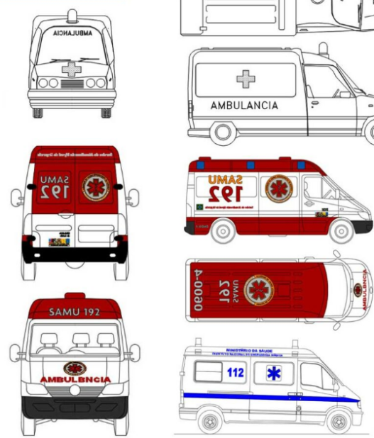 Bloques AutoCAD de ambulancia con vistas en planta, alzado y detalles del vehículo para proyectos de arquitectura y planificación urbana.