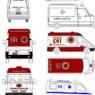 Bloques AutoCAD de ambulancia con vistas en planta, alzado y detalles del vehículo para proyectos de arquitectura y planificación urbana.