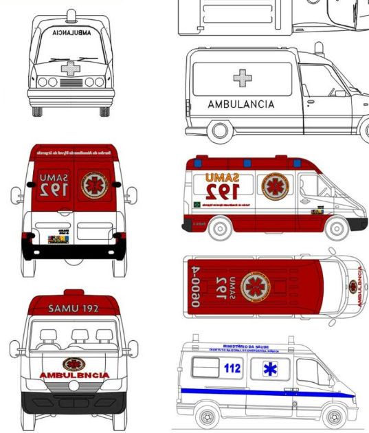 Bloques AutoCAD de ambulancia con vistas en planta, alzado y detalles del vehículo para proyectos de arquitectura y planificación urbana.