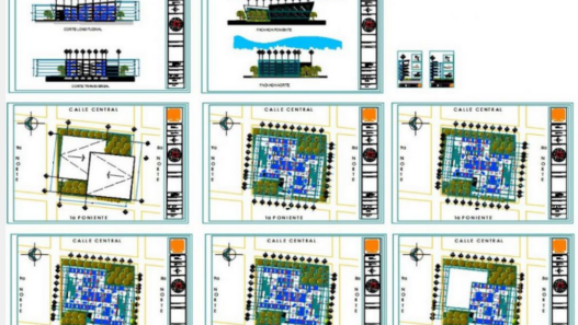 Bloques AutoCAD de aparcamiento con distribución de plazas, señalización y circulación vehicular para proyectos de arquitectura y urbanismo.