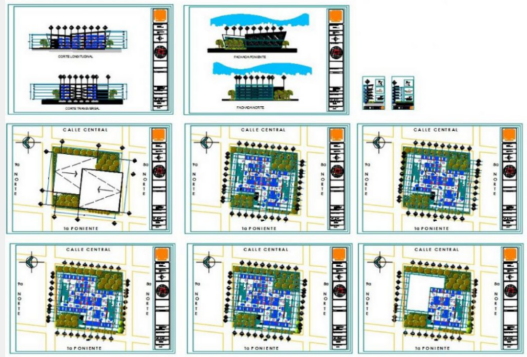 Bloques AutoCAD de aparcamiento con distribución de plazas, señalización y circulación vehicular para proyectos de arquitectura y urbanismo.