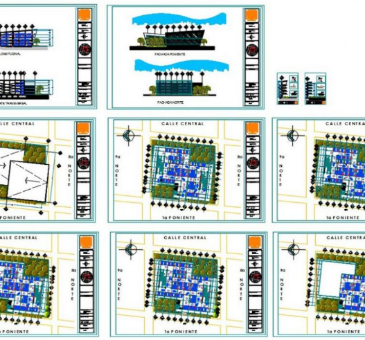 Bloques AutoCAD de aparcamiento con distribución de plazas, señalización y circulación vehicular para proyectos de arquitectura y urbanismo.