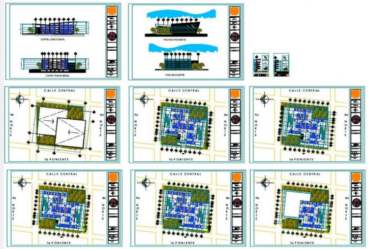 Bloques AutoCAD de aparcamiento con distribución de plazas, señalización y circulación vehicular para proyectos de arquitectura y urbanismo.