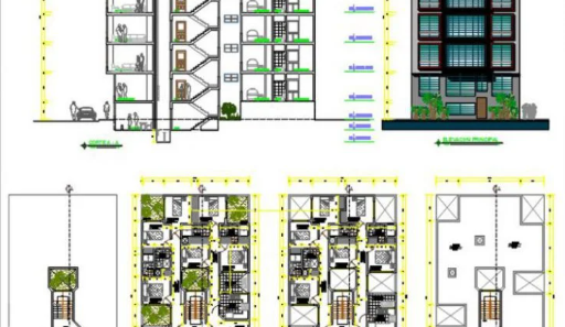 Bloques AutoCAD de arquitectura de apartamento de 6 plantas con planos, distribución vertical y detalles constructivos para proyectos residenciales.