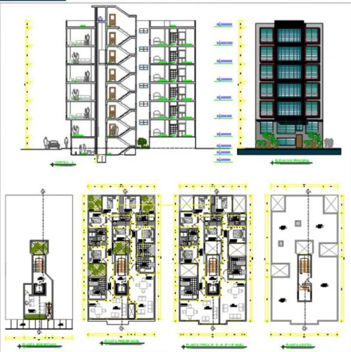 Bloques AutoCAD de arquitectura de apartamento de 6 plantas con planos, distribución vertical y detalles constructivos para proyectos residenciales.