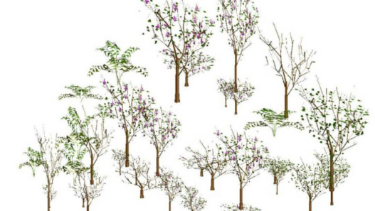 Bloques AutoCAD de árboles decorativos y vegetación utilizados para proyectos de paisajismo, urbanismo y diseño de jardines.