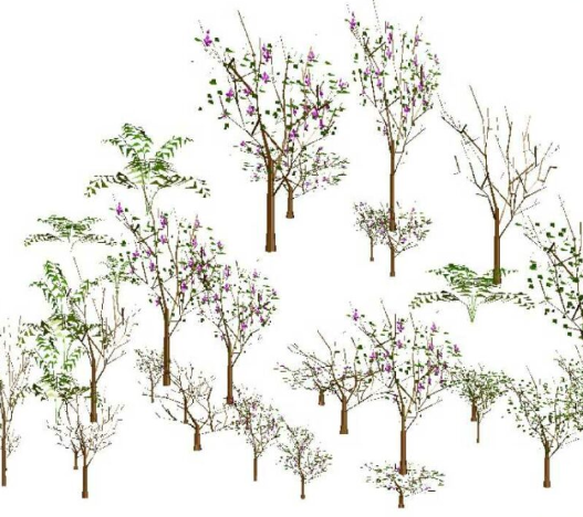 Bloques AutoCAD de árboles decorativos y vegetación utilizados para proyectos de paisajismo, urbanismo y diseño de jardines.