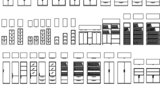 Bloques AutoCAD de archivadores de oficina con vistas en planta, alzado y configuraciones de almacenamiento para proyectos de diseño interior.