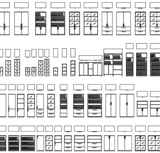 Bloques AutoCAD de archivadores de oficina con vistas en planta, alzado y configuraciones de almacenamiento para proyectos de diseño interior.