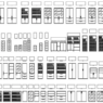 Bloques AutoCAD de archivadores de oficina con vistas en planta, alzado y configuraciones de almacenamiento para proyectos de diseño interior.