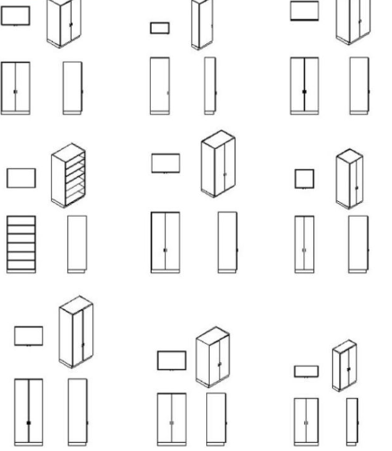 Bloque AutoCAD de armario alto en vista en planta y elevación con compartimentos internos ideal para diseño de interiores y almacenamiento.