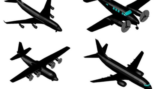 Bloques AutoCAD de aviones en 3D con diferentes modelos y vistas isométricas para proyectos de arquitectura, aviación y diseño técnico.