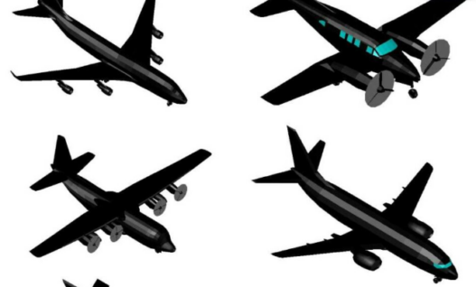 Bloques AutoCAD de aviones en 3D con diferentes modelos y vistas isométricas para proyectos de arquitectura, aviación y diseño técnico.