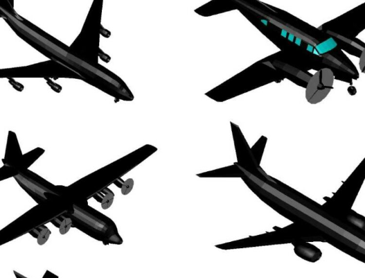 Bloques AutoCAD de aviones en 3D con diferentes modelos y vistas isométricas para proyectos de arquitectura, aviación y diseño técnico.
