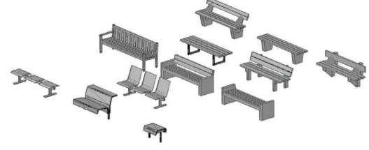 Bloques AutoCAD de bancas y asientos públicos para parques, áreas urbanas y espacios exteriores en proyectos de arquitectura y paisajismo.