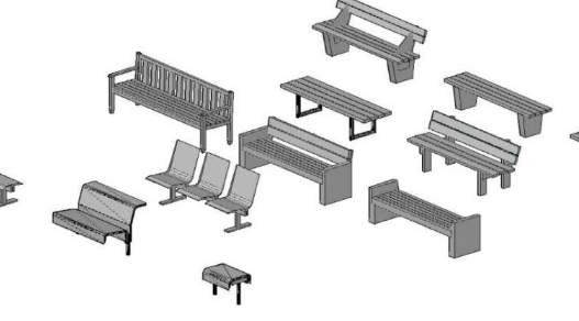 Bloques AutoCAD de bancas y asientos públicos para parques, áreas urbanas y espacios exteriores en proyectos de arquitectura y paisajismo.