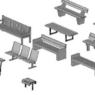 Bloques AutoCAD de bancas y asientos públicos para parques, áreas urbanas y espacios exteriores en proyectos de arquitectura y paisajismo.