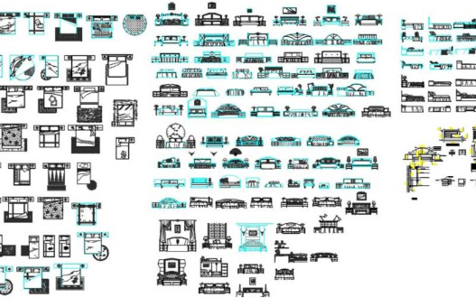 Bloques AutoCAD de biblioteca de camas con diferentes diseños en planta y alzado para proyectos de arquitectura y diseño interior.