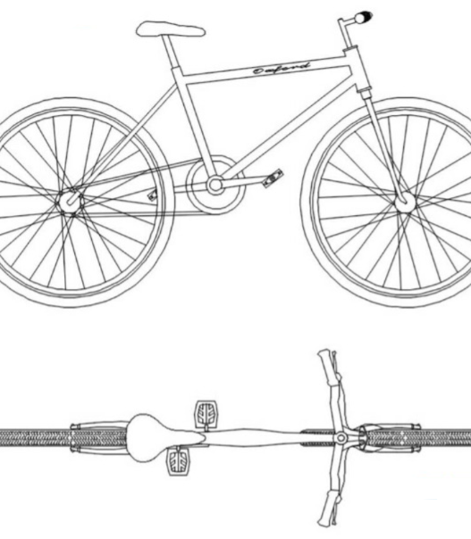Bloques AutoCAD de bicicleta en 2D con vistas en planta y lateral, incluyendo detalles de ruedas, estructura y componentes para proyectos técnicos.
