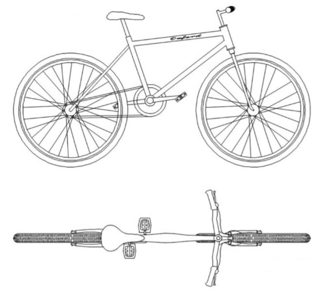 Bloques AutoCAD de bicicleta en 2D con vistas en planta y lateral, incluyendo detalles de ruedas, estructura y componentes para proyectos técnicos.